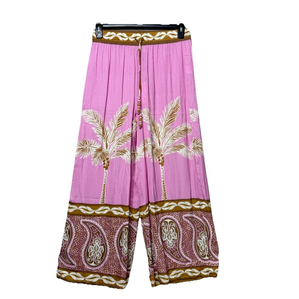 MAISON D' AMELIE Pink Satin Tropical Wide Leg Pant Women Size M Elastic Waist‎